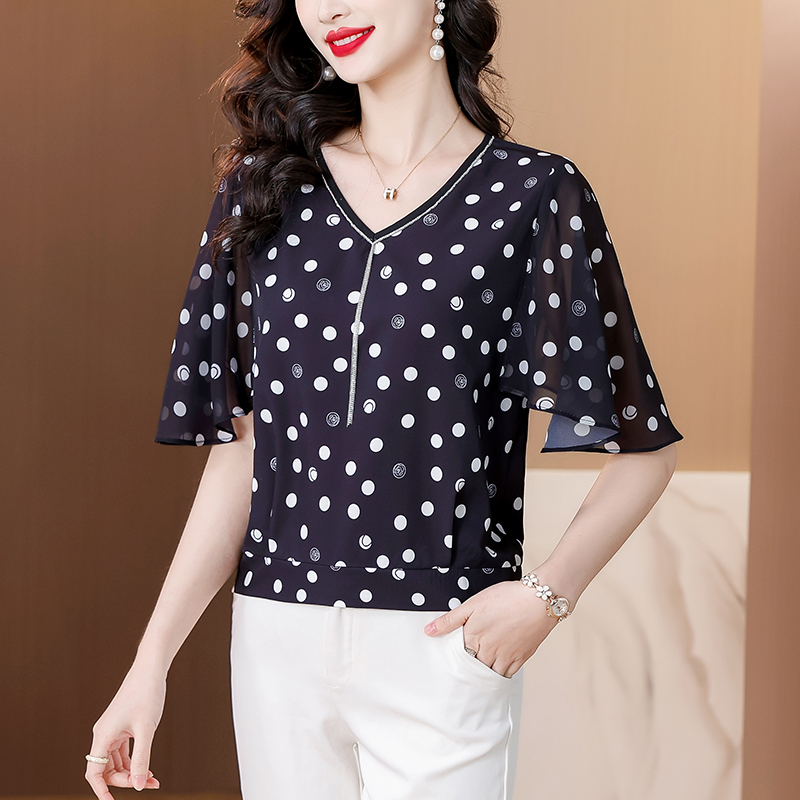 MY5242# 夏季新款亲肤V领飞飞袖波点印花上衣女女裝貨源服裝批發