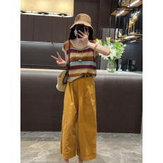 批发今年流行两件套裤薄款透气条纹针织短袖上衣+<b class='q'>高腰</b>显瘦阔腿<b class='q'>九分裤</b>