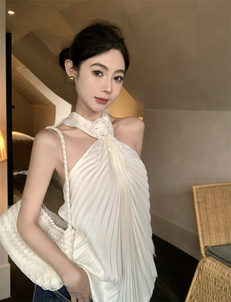 실사 정가 순수한 욕망 핫걸 무거운 작업 플리츠 다이아몬드 세팅 새틴 행침 목 조끼 오프숄더 슬립 민소매 맨위 여성