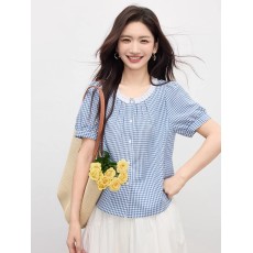 批发可露丽穿搭蓝色<b class='q'>格子</b><b class='q'>衬衫女</b>2026夏新款撞色花边领泡泡袖上衣