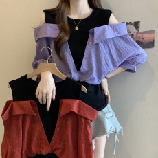 批发实拍大码女装<b class='q'>韩版</b>设计感假两件拼接漏肩衬衫胖妹妹收腰气质短袖