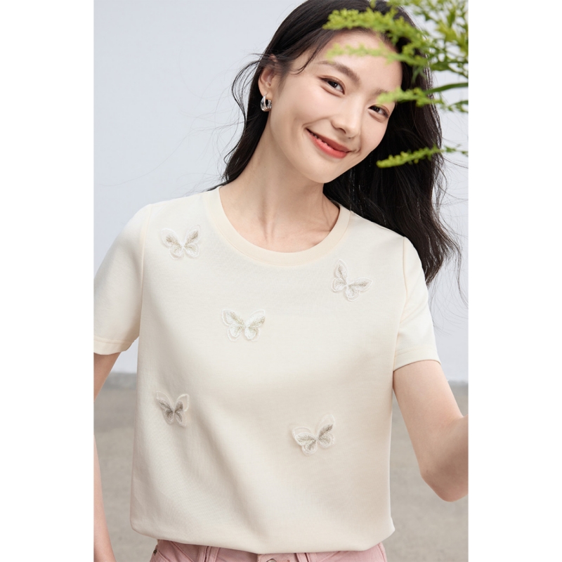 FA33768# 蝴蝶少女灵动立体刺绣通勤正肩短袖女式t恤女高级感25夏季 服裝批發女裝批發服飾貨源