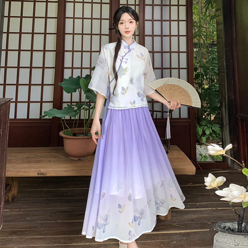 RY1702# 大码女装胖夏季新款新中式国风盘扣上衣+半身长裙两件套