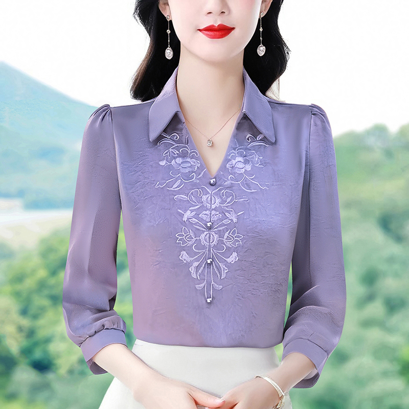 MY5241# 夏季新款时尚设计感重工刺绣衬衫气质洋气缎面雪纺衫女裝貨源服裝批發