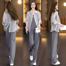 实拍休闲套装2026夏季新款简约时尚雪纺宽松衬衫背心直筒裤三件套