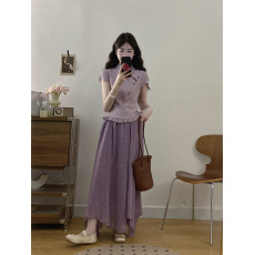 批发实拍<b class='q'>大码</b> 新中式绣花木耳边上衣显瘦百搭半身裙套装气质两件套