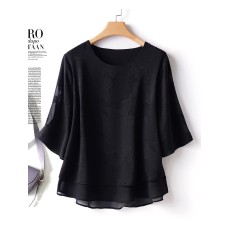 批发乔其纱上衣女黑色双层透气2026衬衫圆领提花桑蚕丝夏季中袖t恤衫