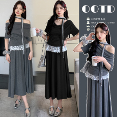 实拍現货 夏季新品时尚斜肩飘带拼蕾丝上衣猪鼻扣半身裙套装