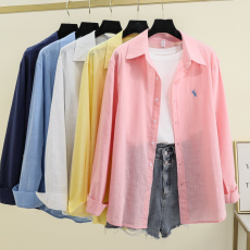 批发小马标刺绣粉上衣2025<b class='q'>春</b>夏新款亚麻白色长袖休闲宽松小众防晒衬衫