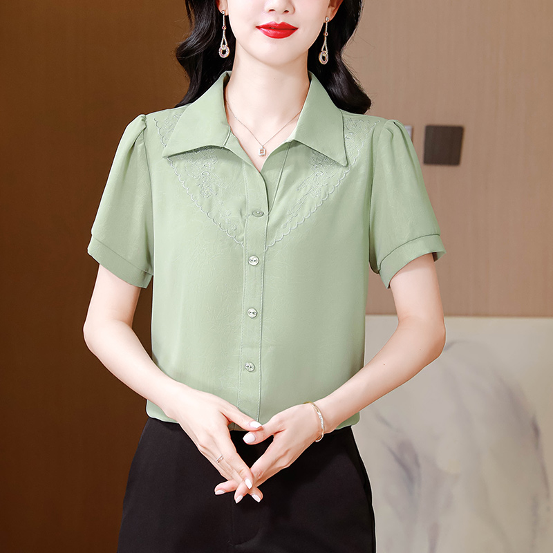 MY5243# 短袖真丝衬衫女刺绣中国风民族风大码减龄洋气百搭小衫女裝貨源服裝批發