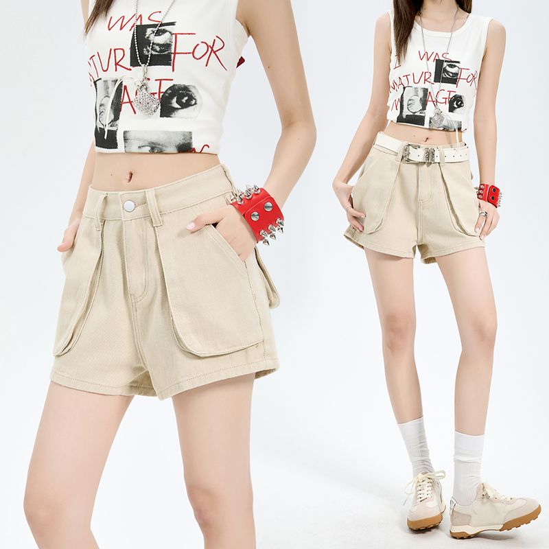 FA29427# 奶油杏工装短裤女夏季新款美式设计感阔腿高腰显瘦a字牛仔热裤
