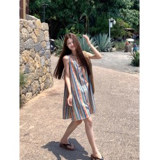 批发复古日系甜美撞色条纹<b class='q'>背心</b>女小众设计感中<b class='q'>长款</b>宽松休闲无袖T恤衫