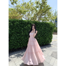 批发实价实拍 粉色度假裙设计感V领吊带连衣裙海边沙滩