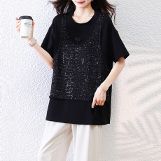 批发实拍 珠片假两件短袖<b class='q'>t</b><b class='q'>恤</b><b class='q'>女</b>春夏季<b class='q'>欧美</b>风时尚大码<b class='q'>女</b>装洋气新款上衣