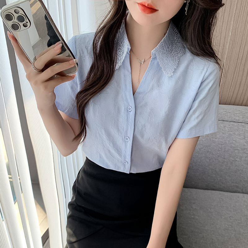 MY7931# 通勤棉提花拼接蕾丝小个子娃娃领衬衫女夏季新款百搭上衣短袖衬...