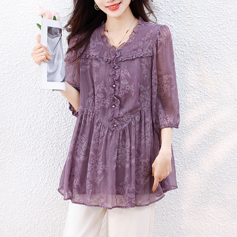 BY9181#夏新款优雅大码显瘦遮肉气质休闲显白百搭七分袖上衣