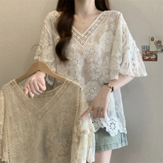 批发*实拍*大码女装新款遮肚子短袖蕾丝上衣女显瘦遮肚肉胖mm<b class='q'>蝙蝠衫</b>