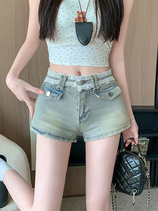 蕾丝拼接丰胯牛仔短裤女春夏季新...