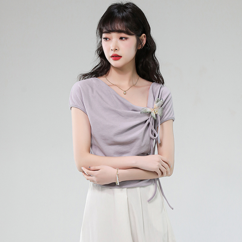 실사 한 부서 달콤함 3 차원 나비 디자인 센스 비스듬한 어깨 니트 스웨터 티셔츠 여름 쇼트 스타일 슬림해 보이는 만나는
