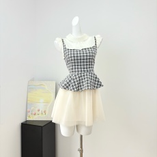 批发维斯小姐烟熏格舞小众芭蕾少女格纹拼接多层网纱重工显瘦连衣<b class='q'>裙</b>