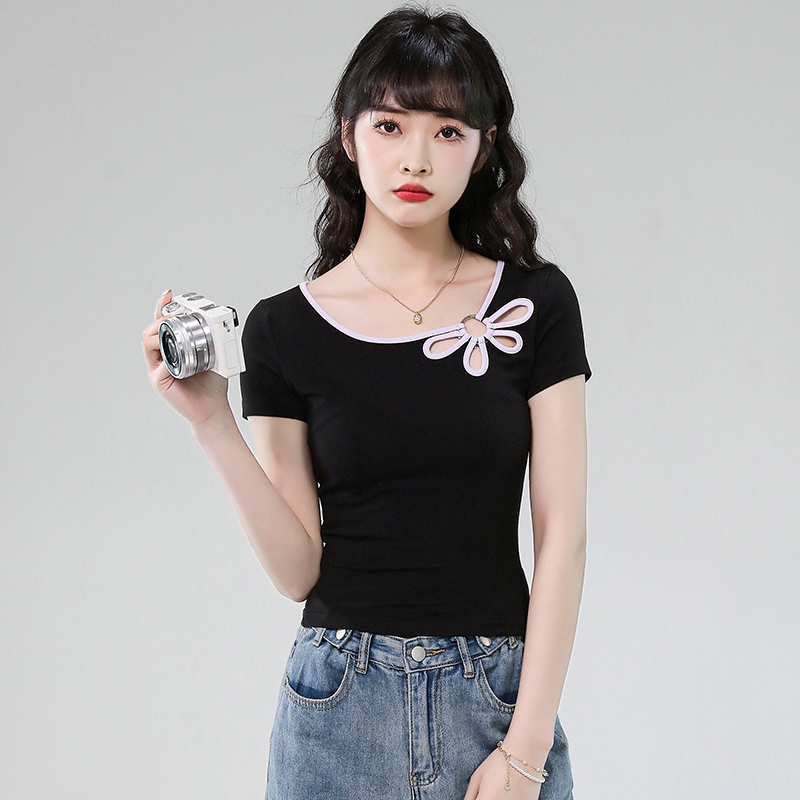 MY7825# 新款百搭花朵镂空短款T恤女夏季修身显瘦设计感绝美上衣女裝貨...