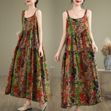 批发实拍碎花<b class='q'>连衣裙</b>棉麻森系吊带<b class='q'>连衣裙</b>大摆裙