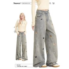 批发潮流百搭美式复古童趣小狗刺绣<b class='q'>牛仔裤</b>男女同款宽松直筒阔腿拖地裤