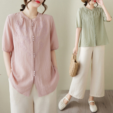 批发<b class='q'>实拍</b>新款妈妈装洋气<b class='q'>棉麻</b>套装2026年夏季新中式国风短袖刺绣两件套