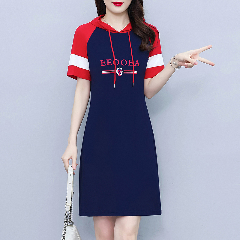 MY5030# 夏季新款连帽短袖休闲运动t恤裙中长款连衣裙显瘦女裝貨源服裝批發