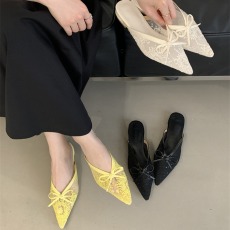 米庭包头拖2026年早春新款甜美网纱蝴蝶结半拖配裙子气质复古单鞋