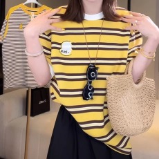 批发潮牌刺绣黄色<b class='q'>条纹</b>短袖<b class='q'>T</b><b class='q'>恤</b>女2026夏季新款宽松百搭显瘦中长款上衣