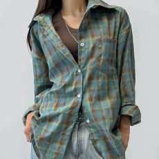 批发韩版春宽松oversize格子衬衫原宿风长袖休闲<b class='q'>防晒</b>衬衣女设计感外套