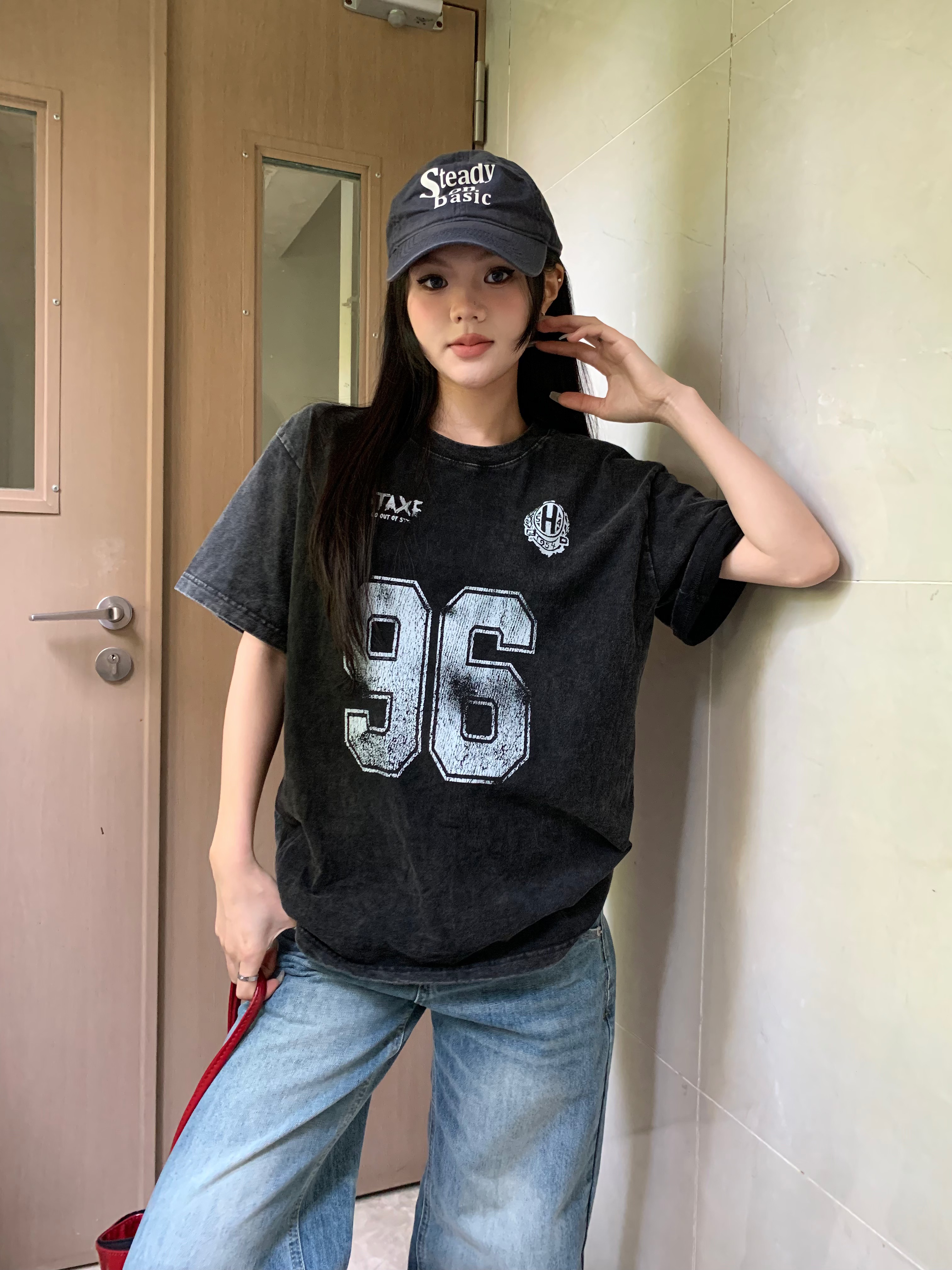 FA32148# 美式复古渐变灰色短袖T恤女oversize宽松做旧半袖tee 服裝批發女裝批發服飾貨源