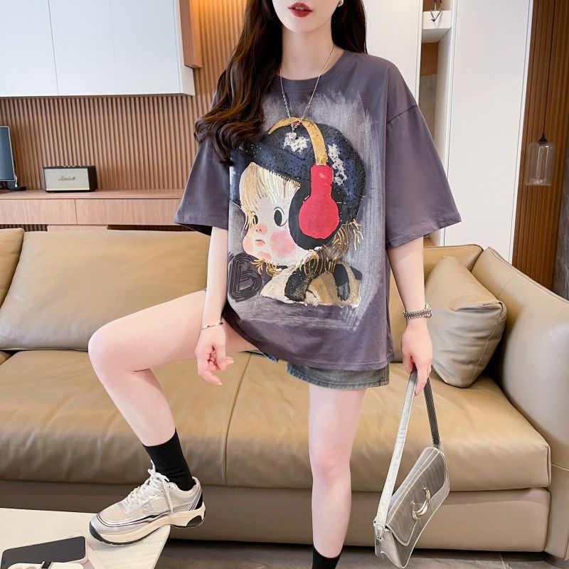 MY5411# 纯棉亮片卡通印花短袖t恤女休闲上衣女夏装女裝貨源服裝批發