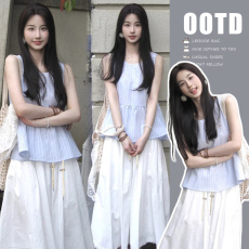 批发<b class='q'>新款</b>减龄娃娃衫蓝色条纹衬衫+蕾丝拼接白色<b class='q'>半身裙</b>