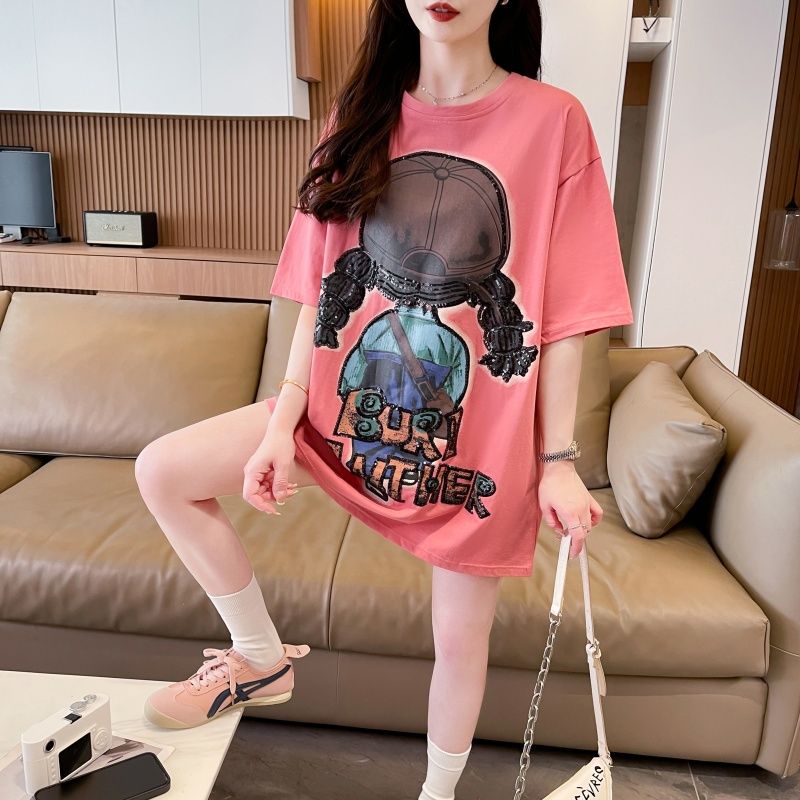 MY5396# 纯棉亮片卡通印花短袖t恤女中长款上衣夏女裝貨源服裝批發