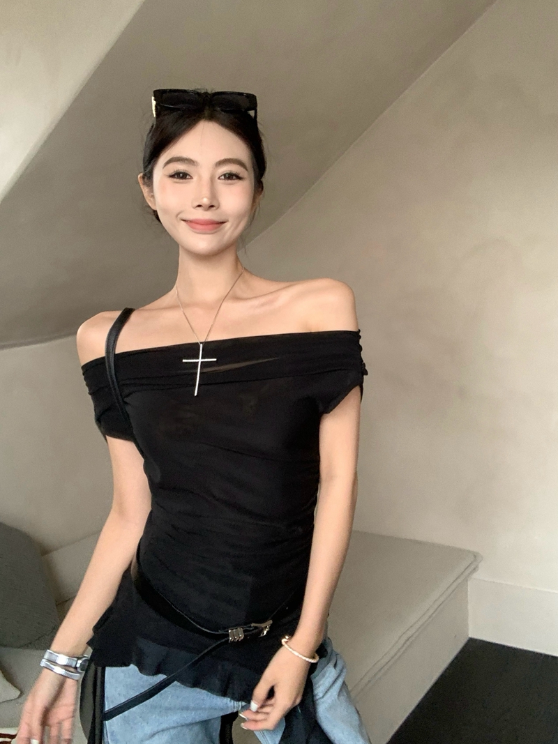 실사 정가 아니요 바겐 세일 핫걸 오프숄더 프릴 망사 티셔츠 불규칙 오프숄더 몸매 가꾸기 슬림해 보이는 맨위