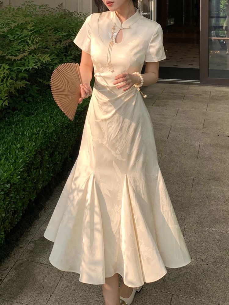 MY8583# Blovelan 月下花影 气质长裙新中式提花旗袍鱼尾裙摆...