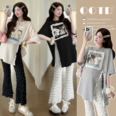 批发实拍  <b class='q'>夏装</b>新款时尚洋印花短袖T恤孕妇套装两件套