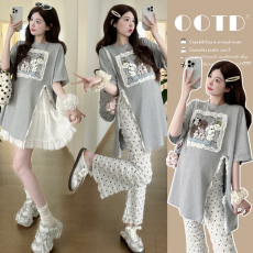 批发实拍  <b class='q'>夏装</b>新款时尚洋印花短袖T恤孕妇套装两件套