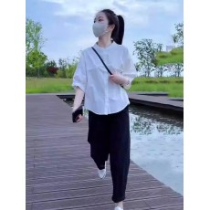 批发夏装搭配一整套<b class='q'>轻熟</b>气质简约圆领衬衫女显瘦小脚九分休闲裤两件套