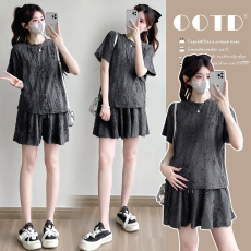 批发实拍  夏装新款时尚洋短袖<b class='q'>T</b><b class='q'>恤</b>+阔腿短裤<b class='q'>孕妇</b><b class='q'>套装</b>两件套