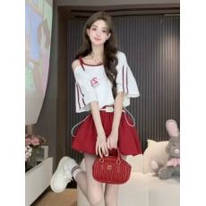 批发美式潮牌复古红色花苞裙<b class='q'>套装</b>气质露肩T恤上衣打底衫2025设计感潮