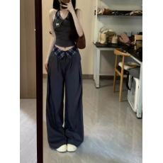 批发美式复古格子假两件设计小众无袖上衣拼接挂脖吊带背心通勤阔腿裤