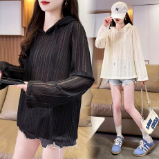 批发流苏系带<b class='q'>清凉</b>镂空条纹罩衫女夏2025年新款薄防晒连帽针织衫上衣