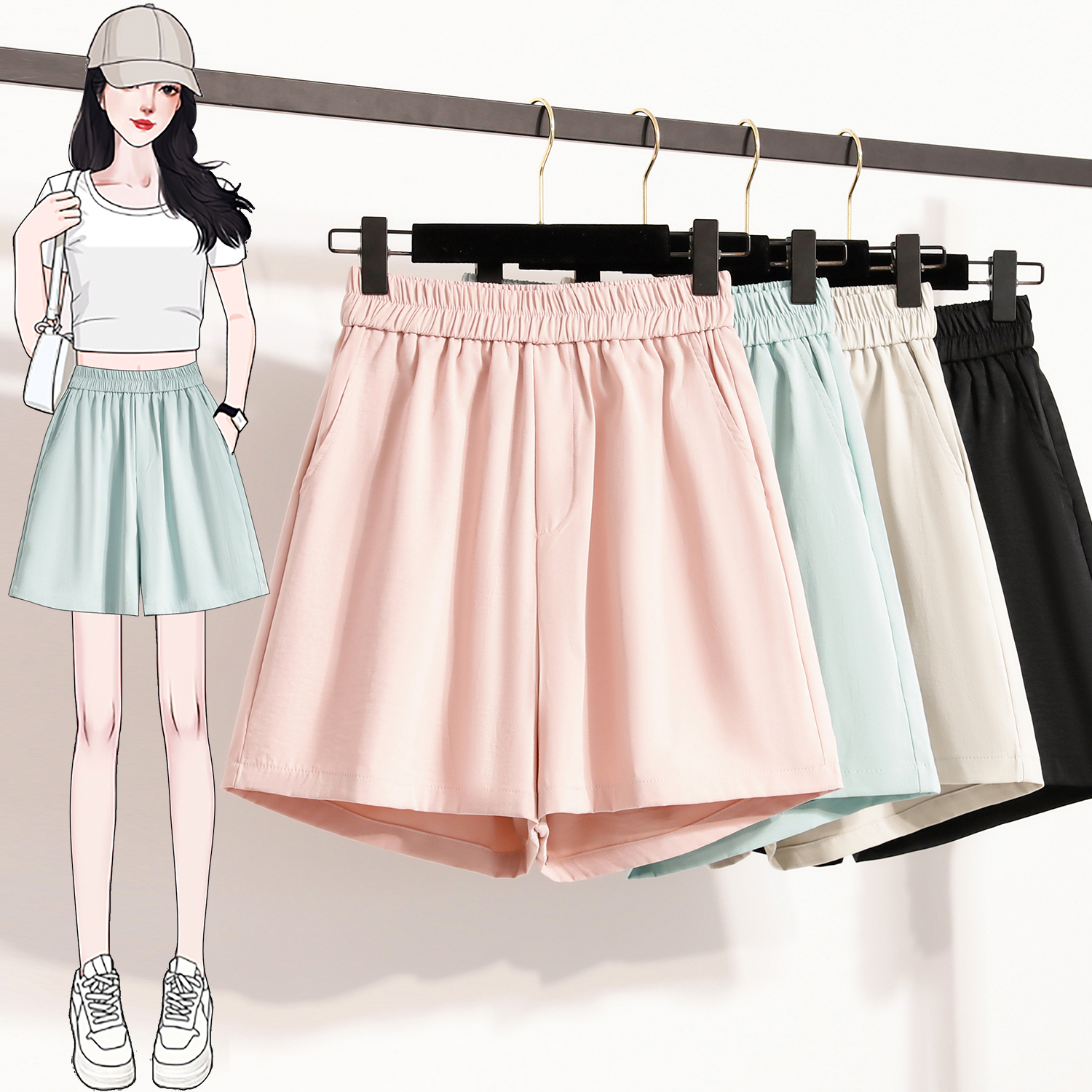 RY4010# 高腰阔腿裤女夏季遮肚显瘦高级感外穿a字休闲运动短裤子