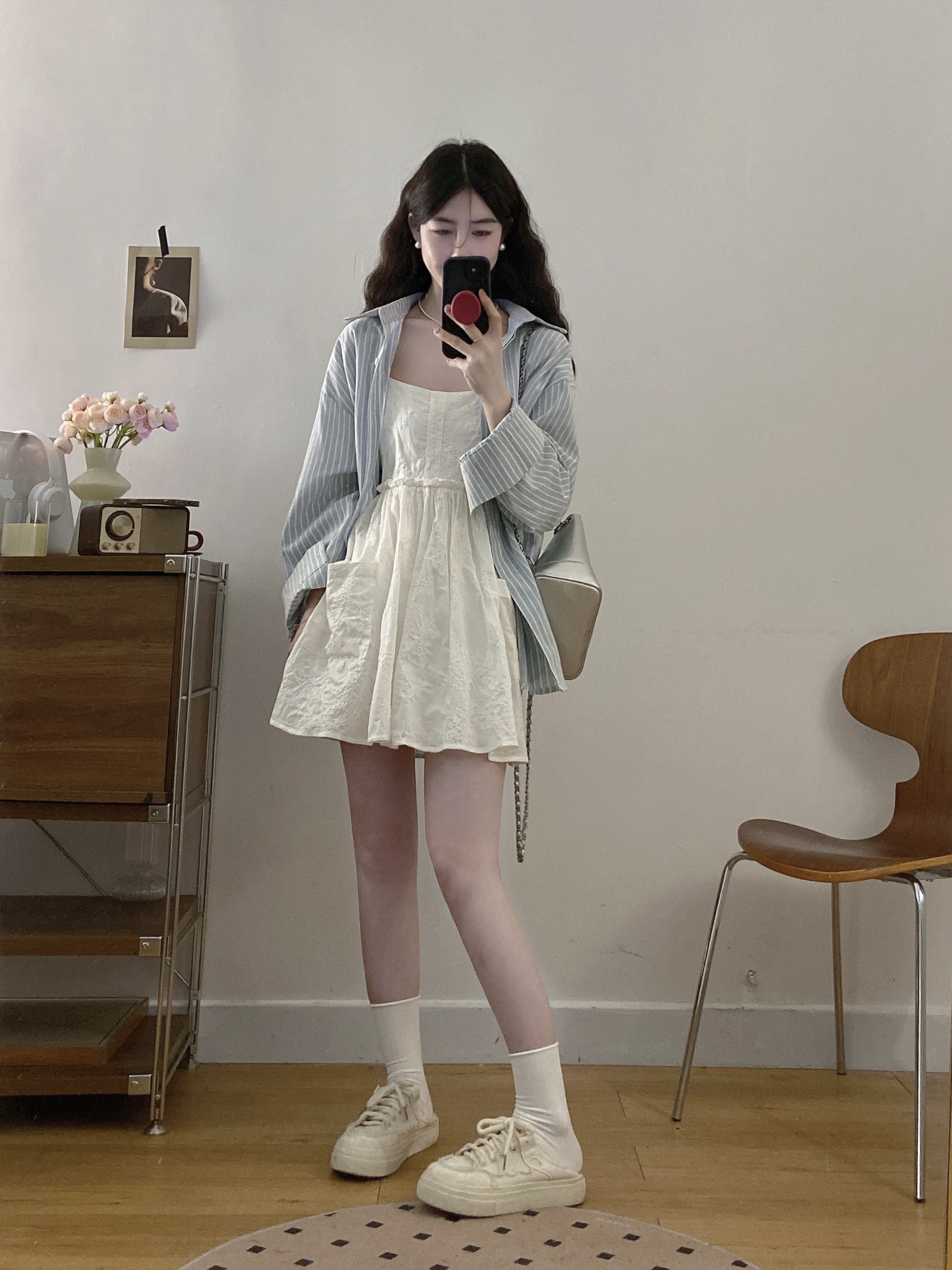 실사 새로운 한국 스타일 3 차원 자수 몸매 가꾸기 슬림해 보이는 슬립 드레스 스트라이프 루즈핏 긴팔 셔츠 빅 사이즈 세트
