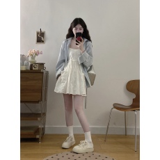 批发实拍新款韩版立体绣花修身显瘦吊带裙+条纹宽松长袖衬衫大码套装