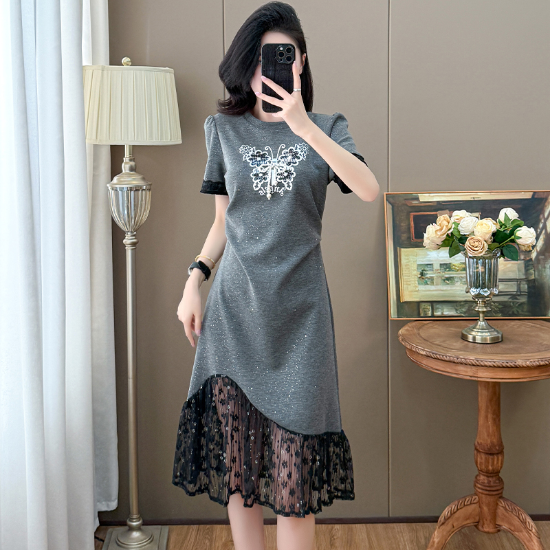 MY6832# 夏季新款减龄带钻高级拼接重工时尚百搭收腰显瘦连衣裙女裝貨源服裝批發