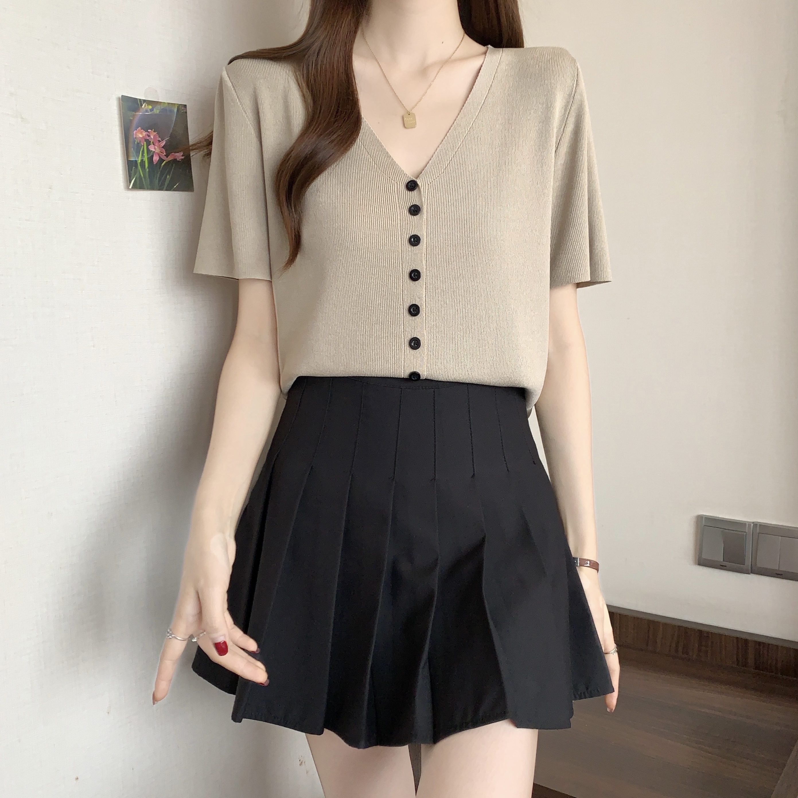 实拍大码冰丝短袖t恤女士夏季薄款天丝针织开衫外套宽松显瘦上衣